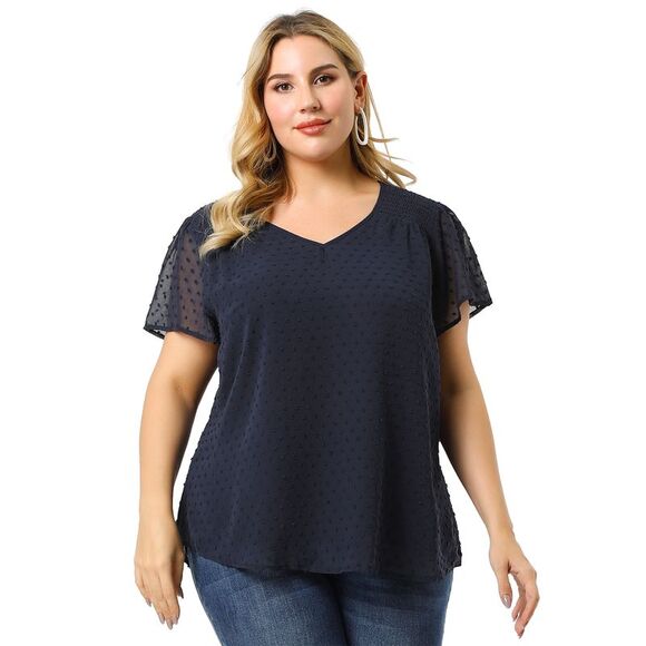 Plus Size Blouses Women Pin Dots Smocked Flare Sleeve Tops Royal Blue - Picture 4 of 6